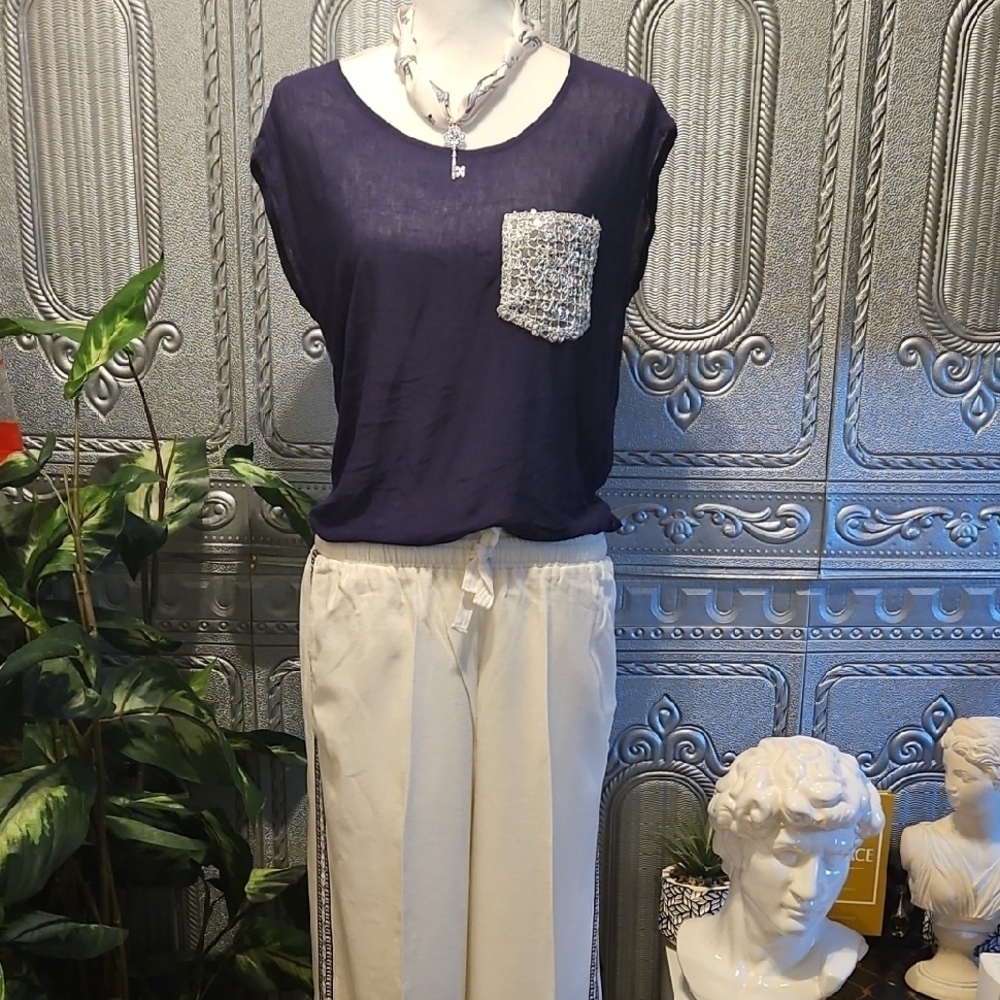 MAX STUDIO Border Print Linen Blend Pants In Ivory sz Large - Picture 2 of 9